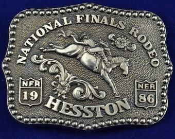 Hesston 1986 NFR Rodeo Miniature Child&#39;s/Ladies Belt Buckle - National Finals Rodeo – Bronc Riding - Fourth Edition Collectors Buckle