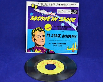Rare RCA Victor Rescue In Space & At Space Academy w Tom Corbett - Illustrated 45 RPM Extended Playing Vinyl Record - Original Cast TV Show