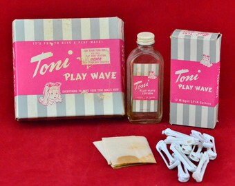 Vintage IDEAL Toni Doll's Play Wave Set - 11 Midget Spin Curlers, End Tissues, Play Wave Lotion Bottle - Original Boxes - Ideal Novelty Toy