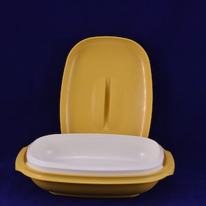 Vintage Tupperware Harvest Gold Veggie/Rijst stomer met dubbel handvat en deksel - serveren en bewaren - 3-delig - magnetron - restjes opwarmen