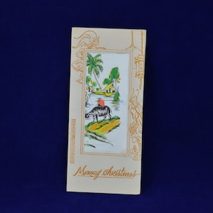 Mid-Century Vietnamesisch 1960er Siebdruck Stoff Weihnachtskarte - Bauernhof Szene Mensch Reiten Wasserbüffel - Made in Vietnam - War Era