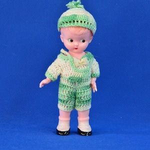 Vintage Hard Plastic Doll Knickerbocker 6 Inch Boy Doll – Painted Shoes & Socks - Crochet Romper - Google Eyes - Made In USA - 1950s
