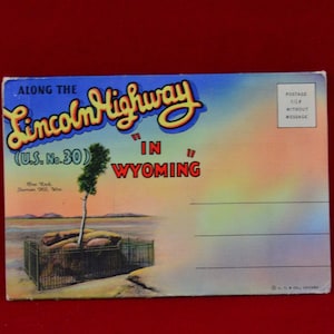 Années 1940 le long de la Lincoln Highway U.S. No. 30 Dans le Wyoming Postcard Set w 18 Cartes Photo – Paquet d’accordéon en lin - Voyage - Souvenir historique
