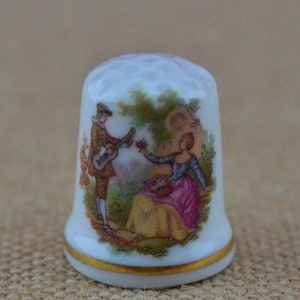 Vintage Rdo: de Elche Porcelain Thimble with Scene Victorian of Woman and Musician - Collectable Souvenir - China Sewing Thimble