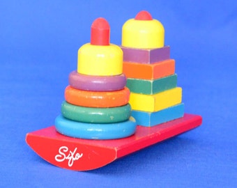 Anillos apilables de madera vintage Sifo de colores del arcoíris - Juguete educativo preescolar