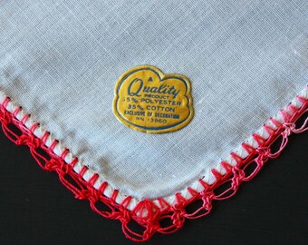 Vintage White Handkerchief or Pocket Square with Crochet Border - Original Foil Tag