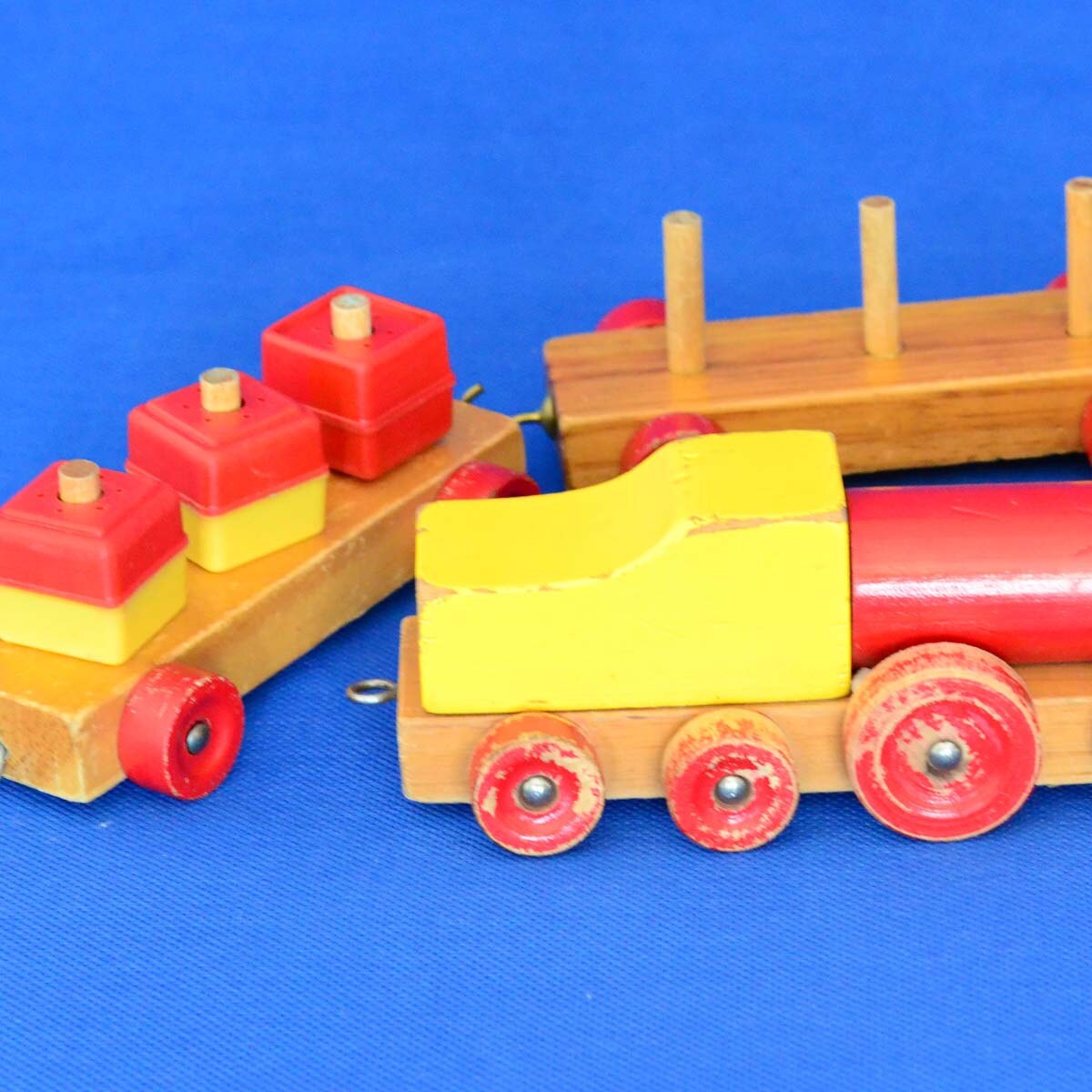 Vintage Wooden Toy Train With 3 Cars, Plastic Bell Blocks