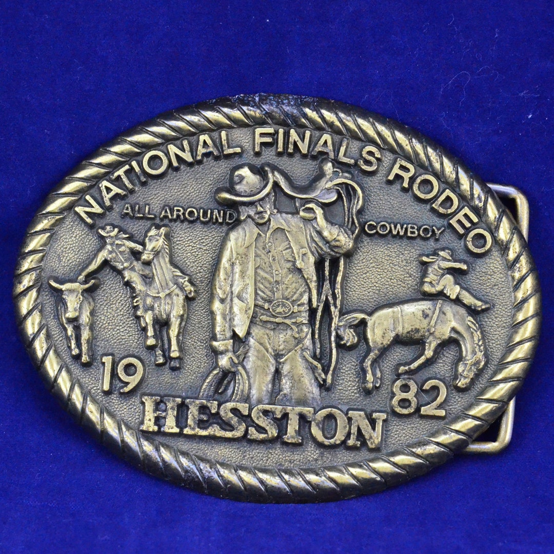 Cfd Rodeo Buckles Hesston 1982 NFR Rodeo Brass Toned Belt Buckle - National Finals Rodeo ...