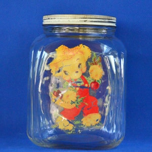 Vintage Hazel Atlas Klarglas Kanister Jar - Hoosier Schrankglas - Eine Gallone - Gerippte Ecken - Quadratisches Glas - Farmer Bear Applikation