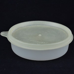 Può includere: Un contenitore Tupperware rotondo e traslucido con un coperchio abbinato. Il coperchio ha una piccola linguetta per una facile apertura e un centro leggermente rialzato. Il contenitore è realizzato in plastica resistente e di colore chiaro.