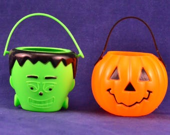 Pair Vintage Halloween Blow Mold Mini Jack-O-Lantern Pumpkin & Frankenstein Trick or Treat Candy Favor Buckets - Halloween Decoration