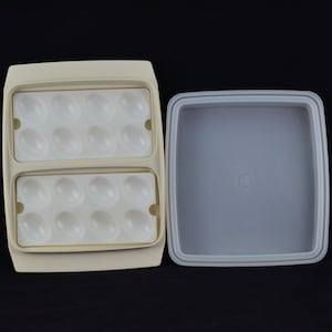 Vintage Tupperware Deviled Egg Tray/Carrier in Cream or Beige with Opaque Lid & Handles - 723 - 4 Piece -Serve-Store Container - Made In USA