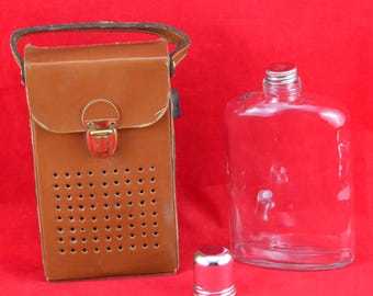 Fantastic 1960s False Transistor Radio Hidden/Secret Liquor Flask Brown Travel Case - Carry Handle - Screw Off Metal Shot Glass