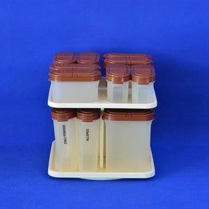 Vintage Tupperware Modular Mates Spice Shaker Set in Brown with Lazy Susan Carousel - Spice Containers - Retro Kitchen - Food Prep