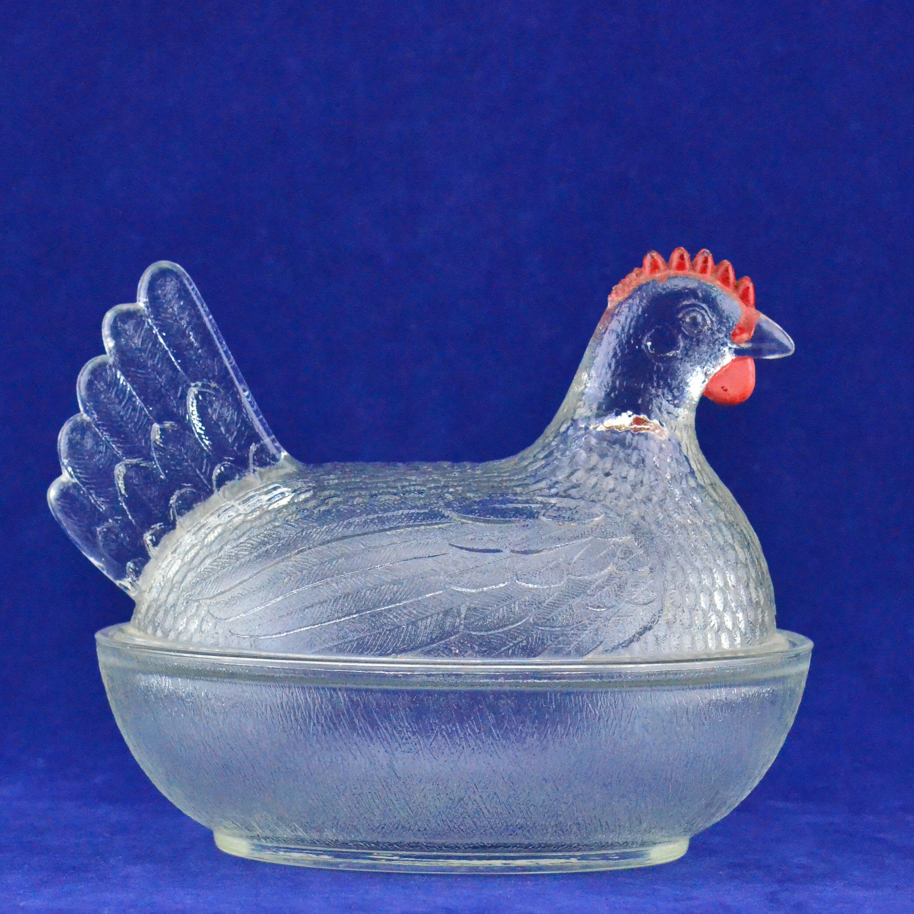 Kitchen Storage Large Clear Glass Hen on Nest Covered Bowl Nesting