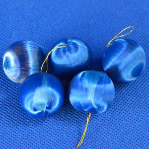 Mini Blue Unbreakable Christmas Tree Ornaments – Satin Sheen Thread Wrapped Foam Ball or Globe - Set of 5 - Holiday Christmas Décor