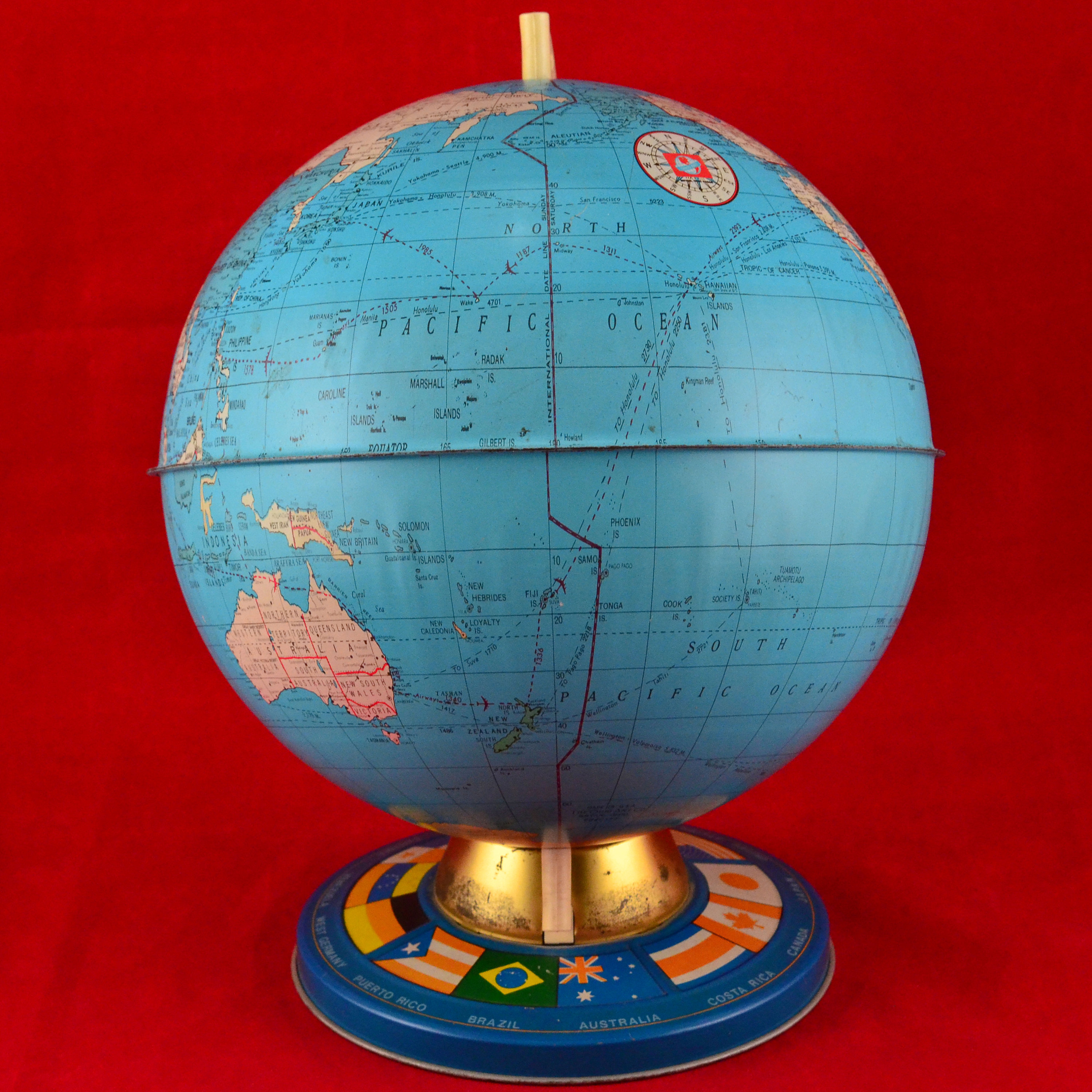 Mid-century Metal Ohio Art Litho World Globe With Plastic Arm and