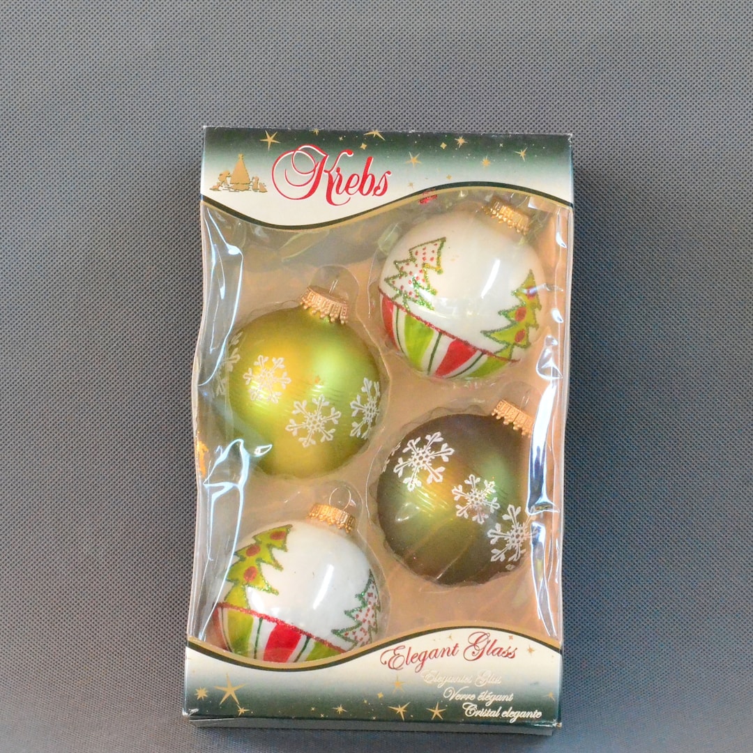 Set of 4 Krebs Porcelain Tree & Green Snowflake Globe or Ball Ornaments ...