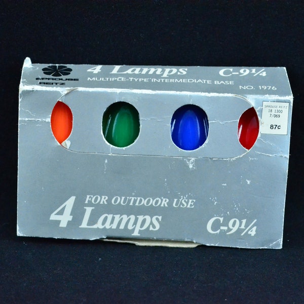 Vintage Sprouse Reitz Christmas Lamps Replacement Light Bulbs – C-9 1/4 Intermediate Base -Original Box -4 Lamps -Christmas Tree Decorations