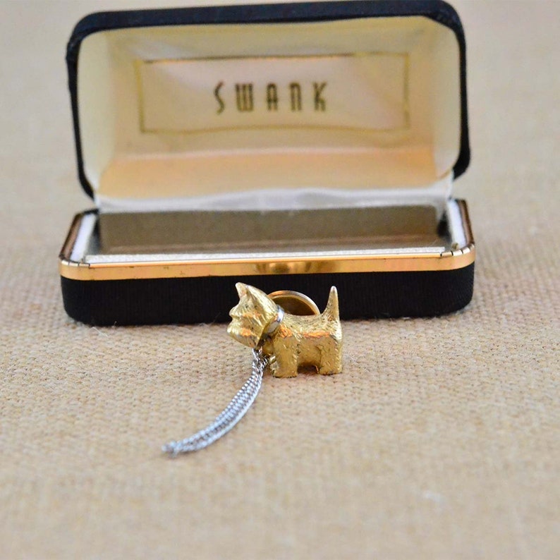 Tie Tack Lapel Pin Vintage Swank Gold Scottie Dog Pin with Leash /& Collar Scottish Terrier Schnauzer Safety Chain \u2013 Original Box