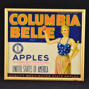 Vintage Columbia Belle Apples Label - Professionally Framed - Wenatchee Washington - Patriotic Apple Crate Label - Advertising - Ephemera
