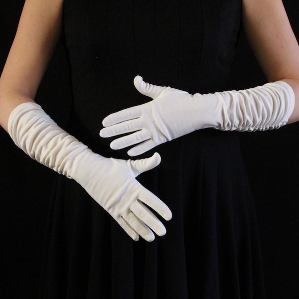 Vintage Shirred Elbow Length Evening Gloves in White - Opera Length - Wedding Bridal Gloves - Formal Long White Gloves - Prom - Dress Up