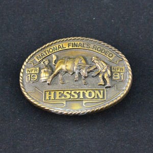Hesston 1981 NFR Rodeo Brass Toned Belt Buckle - National Finals Rodeo – Bull Fighter - Seventh Edition Collectors Buckle - Cowboy