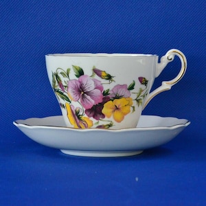 Vintage Regency English Bone China Corseted Tea Cup & Saucer - Floral Pansy Pattern - Made in England