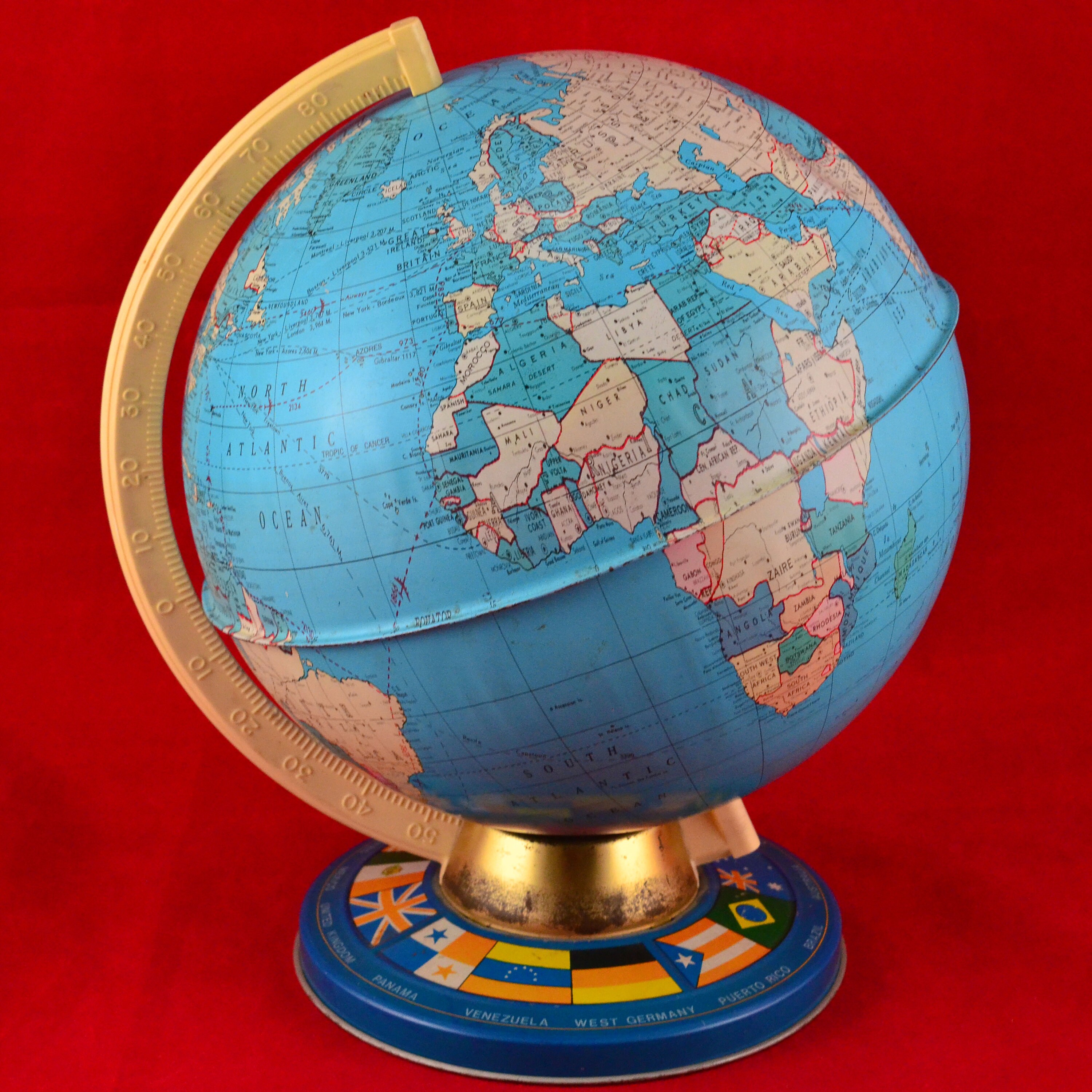 Mid-century Metal Ohio Art Litho World Globe With Plastic Arm and