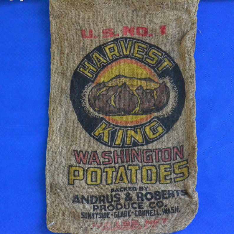 Frame-able Glade Connell Advertising Vintage Harvest King Washington Potato Burlap Sack Andrus /& Roberts -Sunnyside Gunny Sack