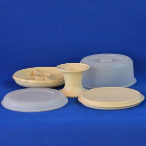 Tupperware 5 Piece Almond Serve-It-All Pedestal Cake Saver Stand with Lid - Divided Serving Relish Dish & Lid - Retro Kitchen Serveware Set
