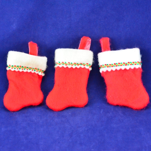 Set of 3 Miniature Plush Felt Christmas Stockings with White Cuffs & Braided Metallic Trim in Green, Gold and Red - Holiday Christmas Decor