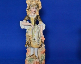 Antique German Hand Painted Victorian Parlor Statue - Woman Figurine - Bisque