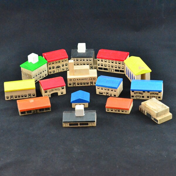 Playskool Village Wood Building Blocks - Build Your Own Town - Silk Screened Painted - 13 Buildings, RR Depot, City Hall, Church