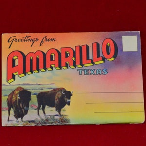 Vintage 1940s Greetings from Amarillo Texas Postcard Set avec 18 cartes photo - Paquet d’accordéon en lin - Éphémère vintage - Voyage - Souvenir