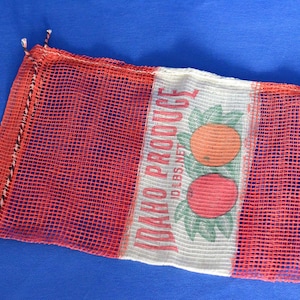 Idaho Produce 10 Pound Red Mesh Net Sack - Vintage Advertising - Sewing or Craft Project - Mixed Media Altered Art - Reusable Shopping Bag