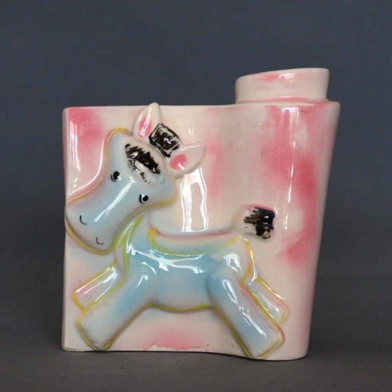 Adorable Vintage United Import Taiwan Elephant on Rocking Horse Nursery Planter Vase Pastel Colors with Original Label
