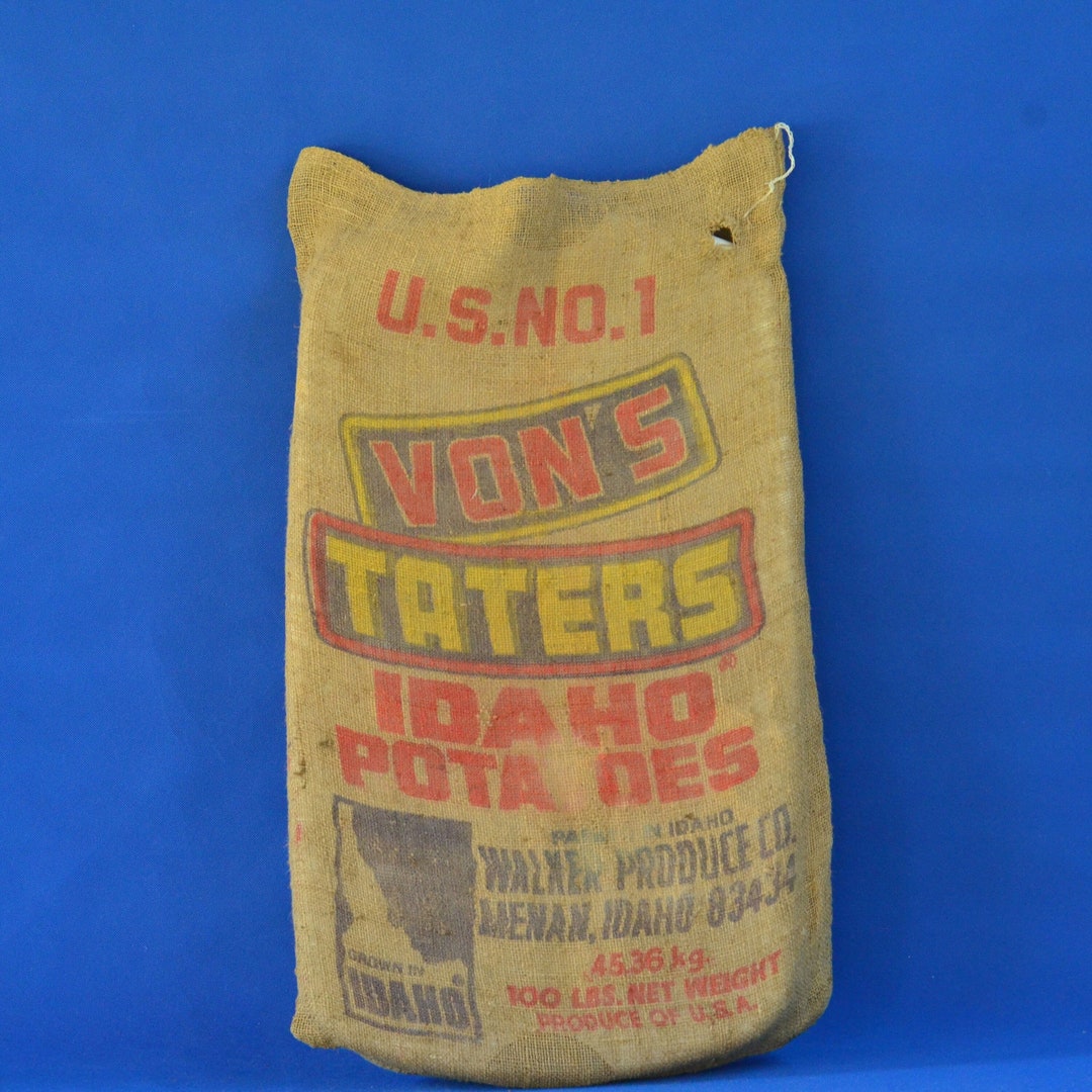 Vintage Von's Taters Idaho Potatoes Burlap Sack 100 LBS Gunny Sack