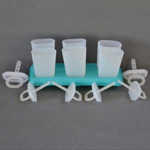 Może przedstawiać: Zestaw sześciu białych plastikowych foremek do lodów na patyku z pokrywkami i uchwytami, ułożonych w turkusowej tacy. Formy są prostokątne, a pokrywki mają pętlę ułatwiającą wyjmowanie. Zestaw przeznaczony jest do robienia domowych lodów na patyku.