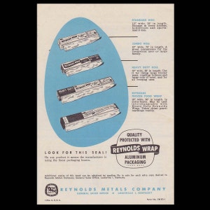 May include: Vintage advertisement for Reynolds Wrap aluminum foil. The ad features four boxes of Reynolds Wrap in a blue oval, with descriptions of each type. The ad includes the text "Quality Protected with Reynolds Wrap Aluminum Packaging."