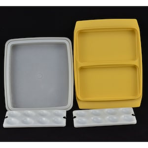 Vintage Tupperware Deviled Eierschale / Träger in Erntegelb mit gefrostetem klarem Deckel - 4-teilig - Serve-Store-Behälter - Made in den USA