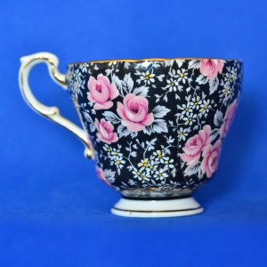 Vintage Paragon Fine Bone China Corset Tea Cup - Rosa Rosa Su Nero con Finiture Oro - Modello A645 - Tazza da Tè di Ricambio