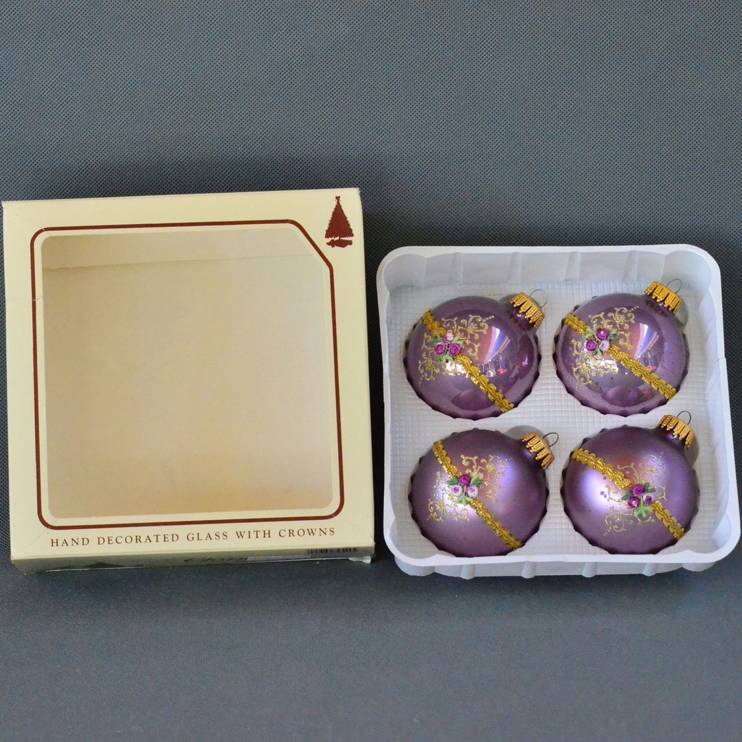 Set of 4 Krebs Purple Ball Ornaments With Gold Glitter & Embroidered ...