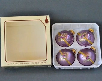 Set of 4 Krebs Purple Ball Ornaments with Gold Glitter & Embroidered Roses - Holiday Christmas Décor - Bavaria Tradition - Made In USA