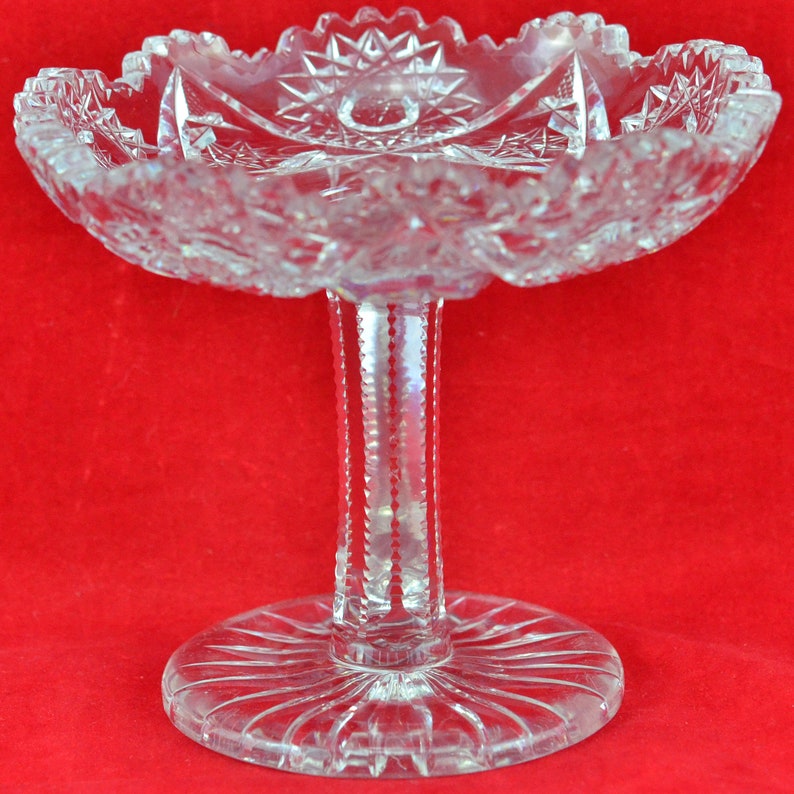 Vintage Cut Crystal Compote Pedestal Candy Dish with Star of David Starburst Pattern Candy Dish Nut Dish Ring Dish Hobstar Motif image 3