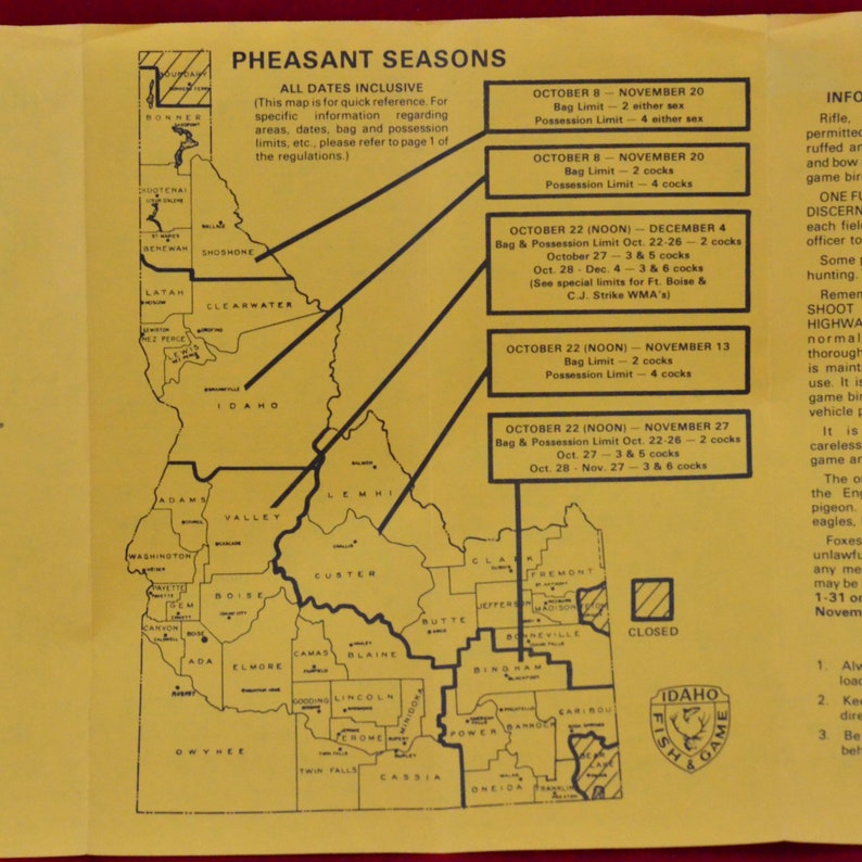 1977 Idaho Upland Game Hunting Seasons and Regulations Etsy