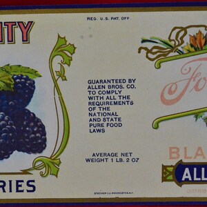 Pode incluir: R&oacute;tulo vintage para Allen Bros. Co. com a palavra "QUALITY" e o texto "GARANTIDO POR ALLEN BROS. CO." O r&oacute;tulo inclui uma ilustra&ccedil;&atilde;o de amoras e o texto "PESO L&Iacute;QUIDO M&Eacute;DIO 510 gramas."