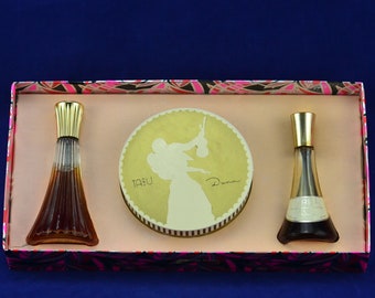 Vintage Rare 1970s Gift Box Tabu de Dana - Perfume Eau de Colonia, Polvo para polvo, Aceite de baño perfumado - Dana Perfumes Corporation, Nueva York
