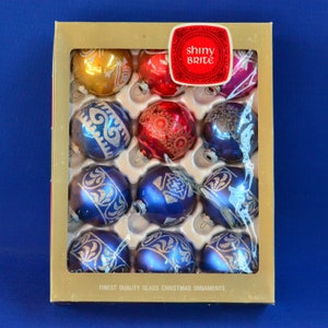 Shiny Brite Christmas Ornaments - Set of 12 Mercury Glass Ball Ornaments - Blue, Red, Pink & Gold Glitter Decorated - 1960s Christmas Décor