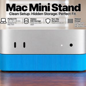 May include: A silver and bright blue Mac Mini stand featuring a ribbed design on the lower section. Text above reads Mac Mini Stand, Clean Setup. Hidden Storage. Perfect Fit. Icons indicate 127 x 127 x 40 mm dimensions, SSD storage, non-slip bumpers, and a ribbed texture.